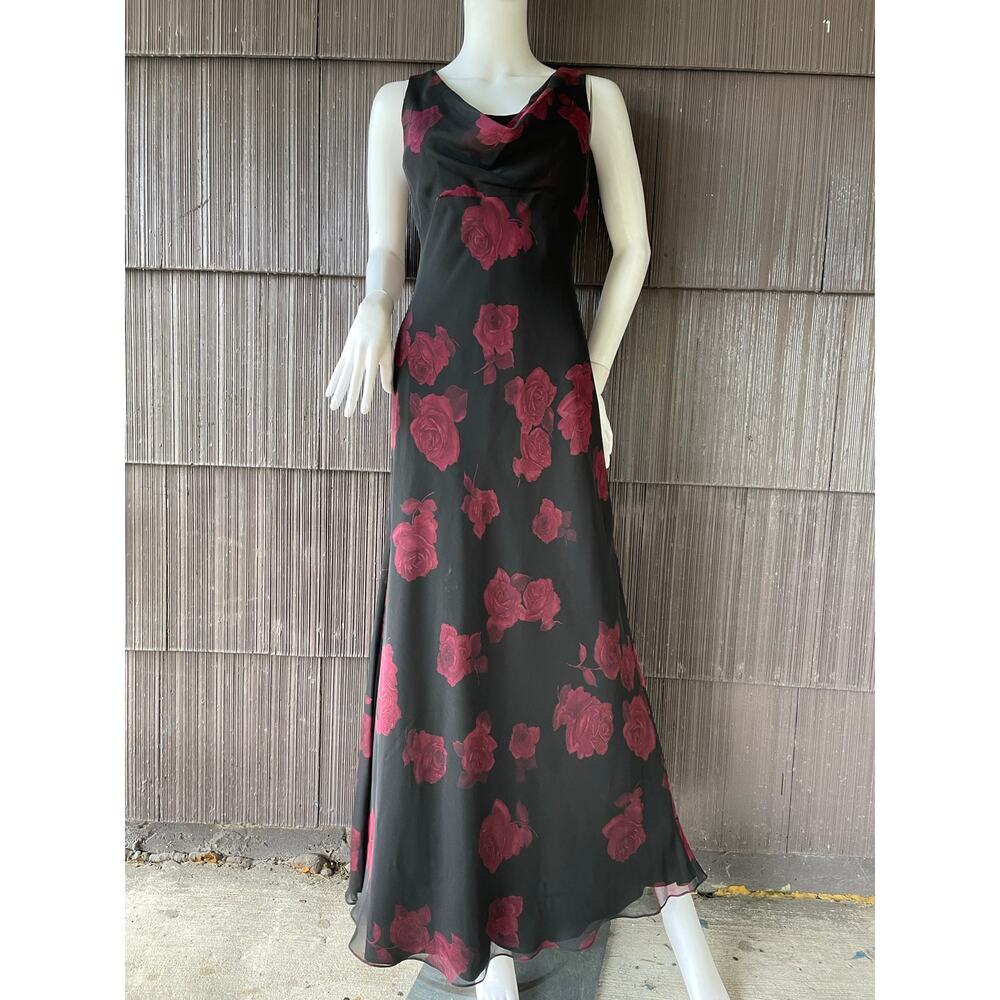 🔥Vintage 90s Y2K Betsy & Adam Black Red Rose Cowl Neck Whimsigoth Fairy Dress 6